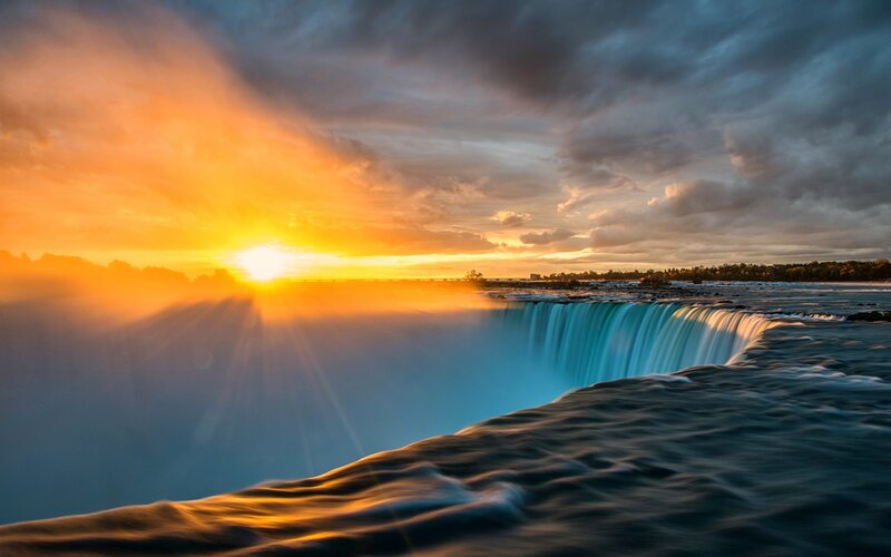 Niagara Falls at Sunset — Orange, Dramatic, Photograph, Sun, Clouds, River