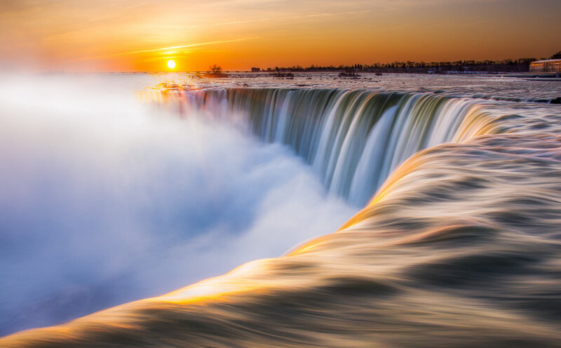 Niagara Falls at Sunset — Orange, Dramatic, Photograph, Sun, Mist