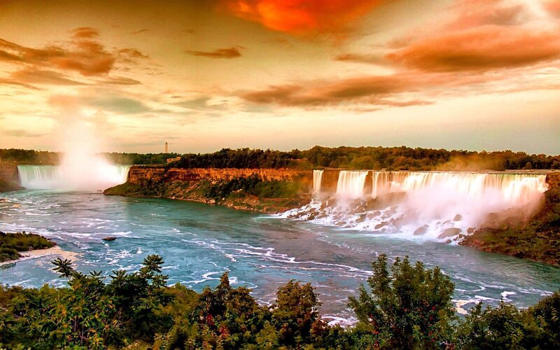 Niagara Falls at Sunset — Orange, Dramatic, Photograph, Waterfall, River