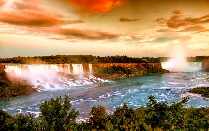 Niagara Falls at Sunset — Orange, Dramatic, Photograph, Waterfall, River, Trees, Sky