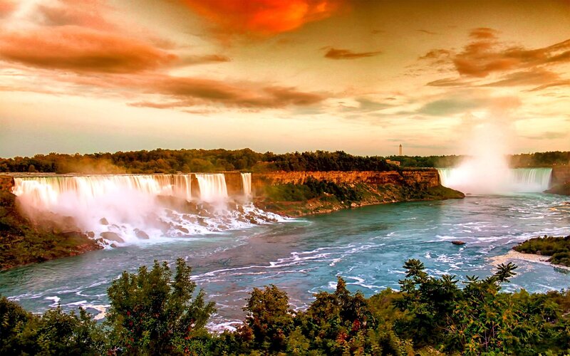 Niagara Falls at Sunset — Orange, Dramatic, Photograph, Waterfall, River, Trees