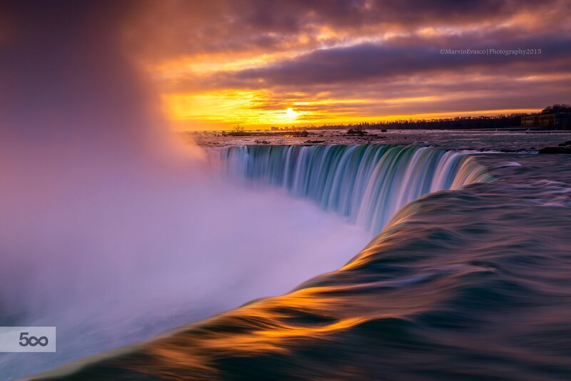 Niagara Falls at Sunset — Orange, Dramatic, Photograph, Waterfall, Sky