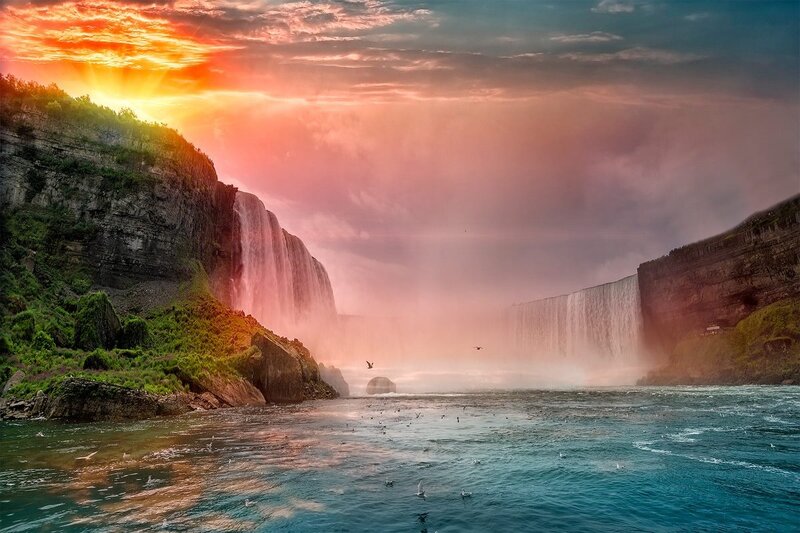 Niagara Falls at Sunset — Orange, Dramatic, Photograph, Waterfall