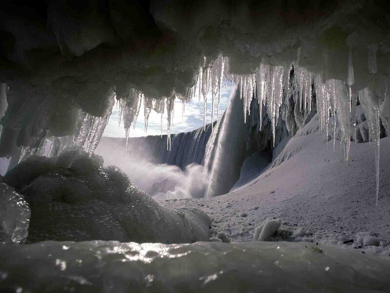 Niagara Falls in Winter — White, Dramatic, Photograph, Ice, Icicles, Waterfall, Gray