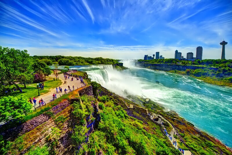 Niagara Falls Waterfall — Blue, Dramatic, Afternoon, Photograph, City Skyline, Tourists