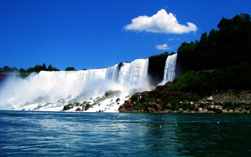 Niagara Falls Waterfall — Blue, Dramatic, Afternoon, Photograph, Clouds, River, Trees, Walkway