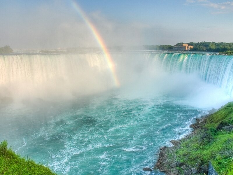 Niagara Falls Waterfall — Blue, Dramatic, Afternoon, Photograph, Rainbow, Mist, Building