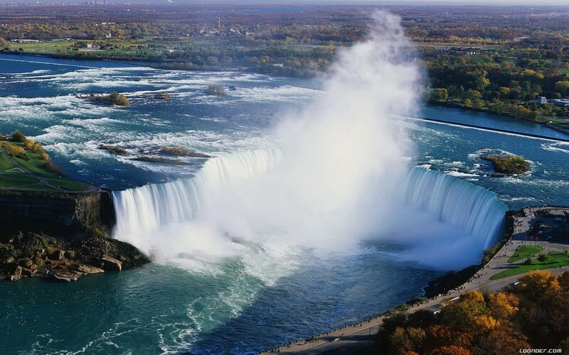 Niagara Falls Waterfall — Blue, Dramatic, Autumn, Photograph, River, Trees, Road
