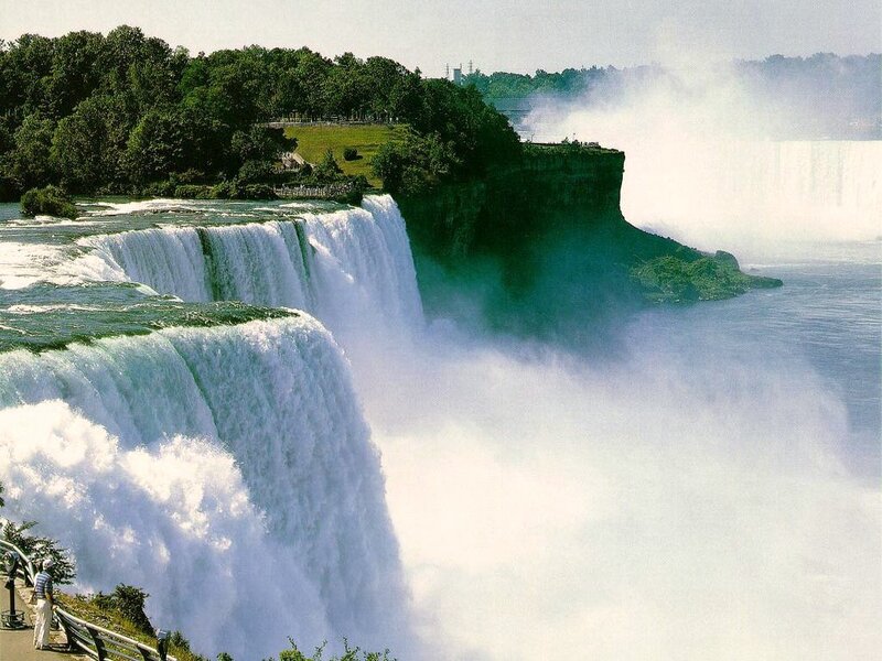 Niagara Falls Waterfall — Green, Dramatic, Afternoon, Photograph, Trees, Mist, Cliff, Person
