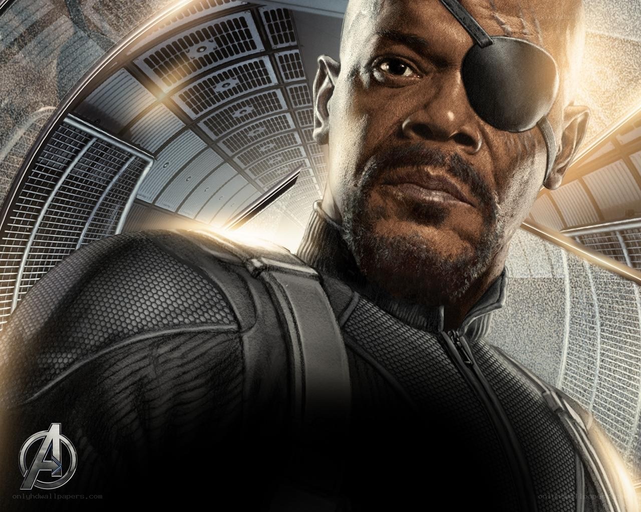 Nick Fury in a high-tech corridor