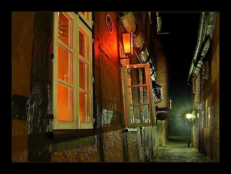 night alley with warm lights