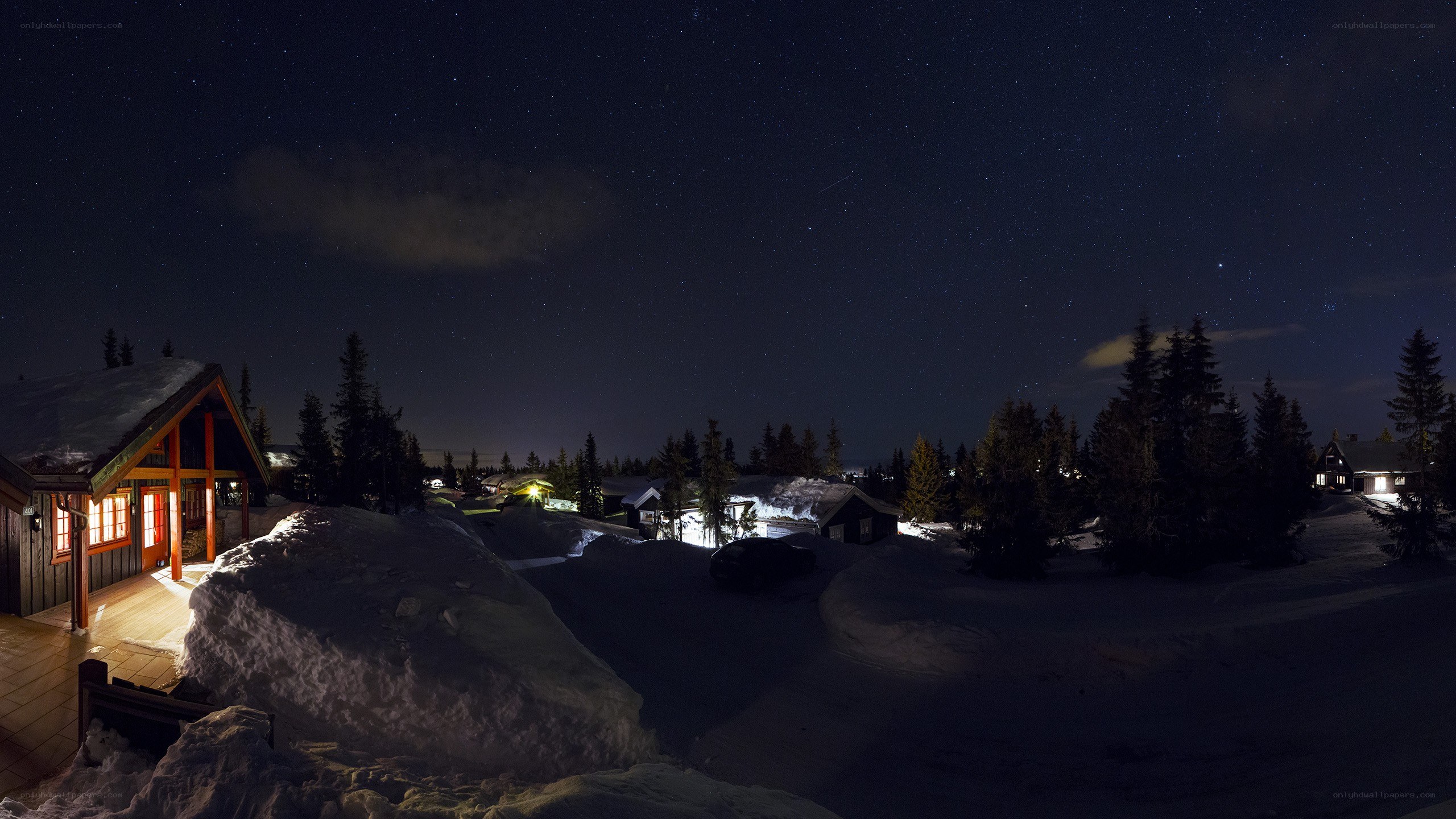 Night at a snowy cabin