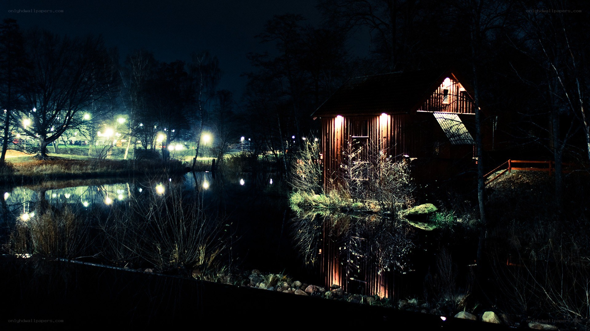 Night by the lake cabin