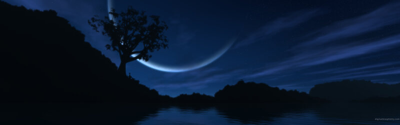 Night by the lake with crescent moon