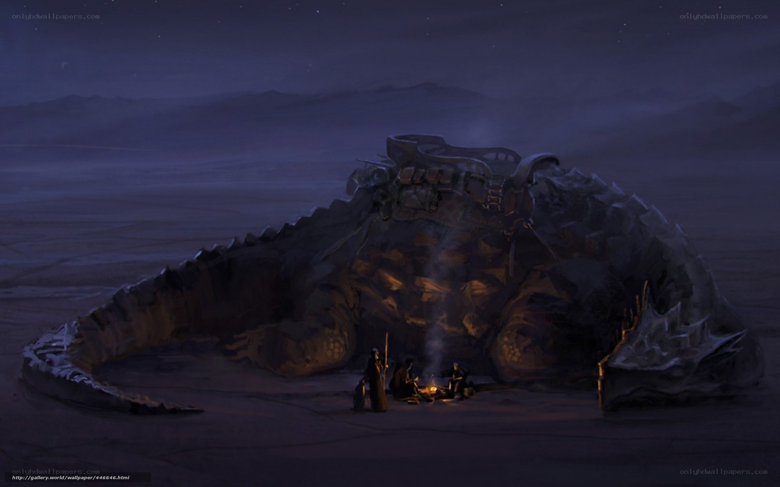 Night camp by a giant creature