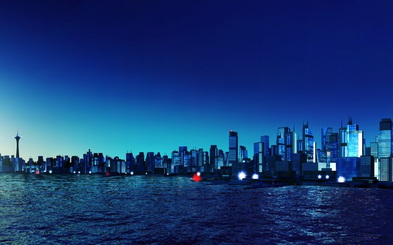 night city skyline over water