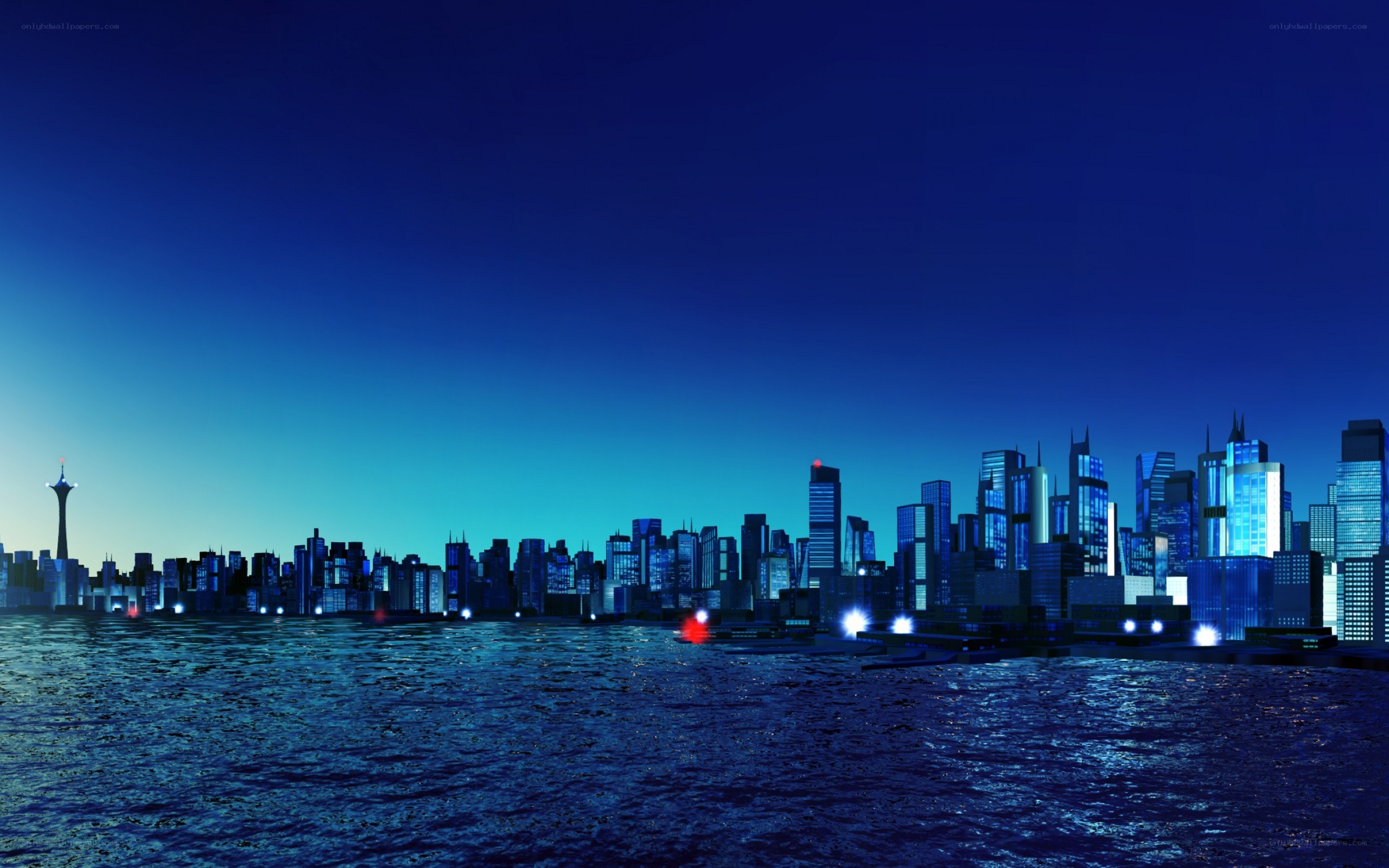 night city skyline over water