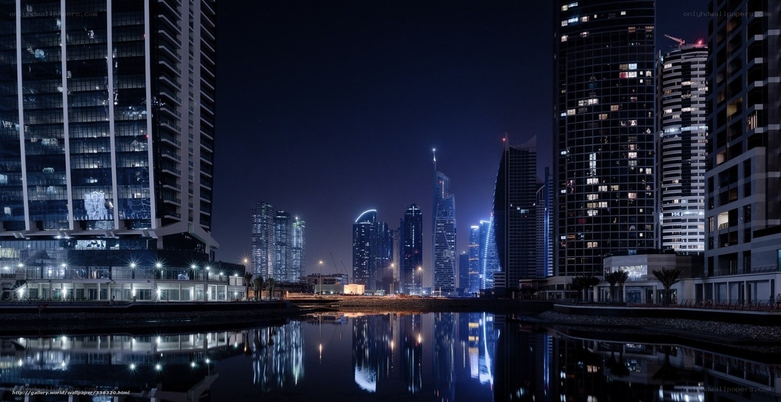 Night city skyline reflection