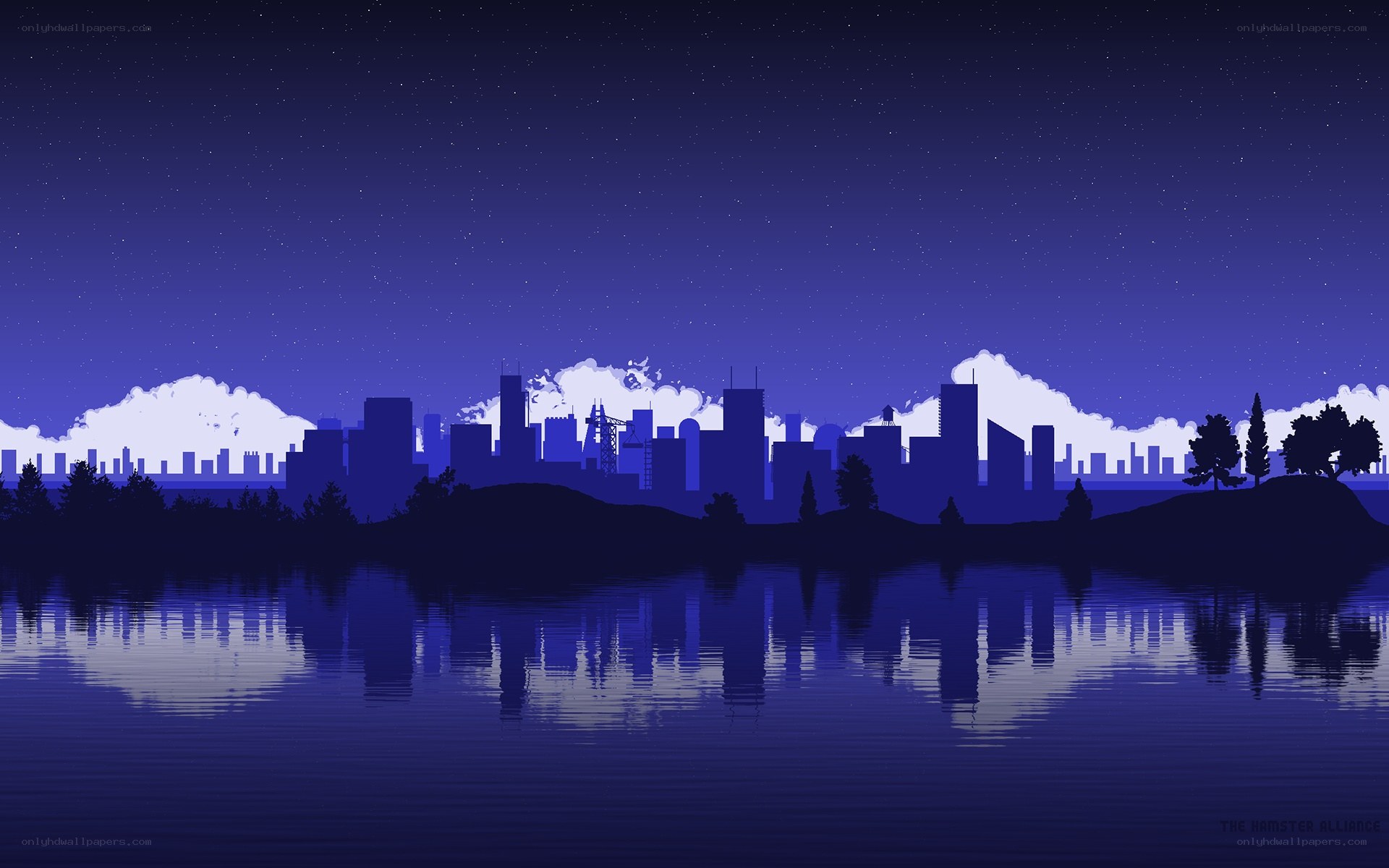 Night city skyline reflection