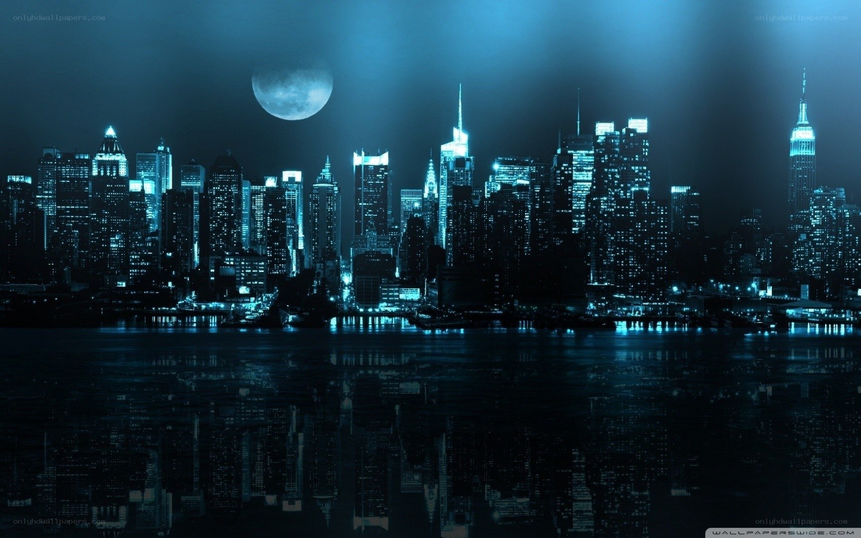 night city skyline with moon