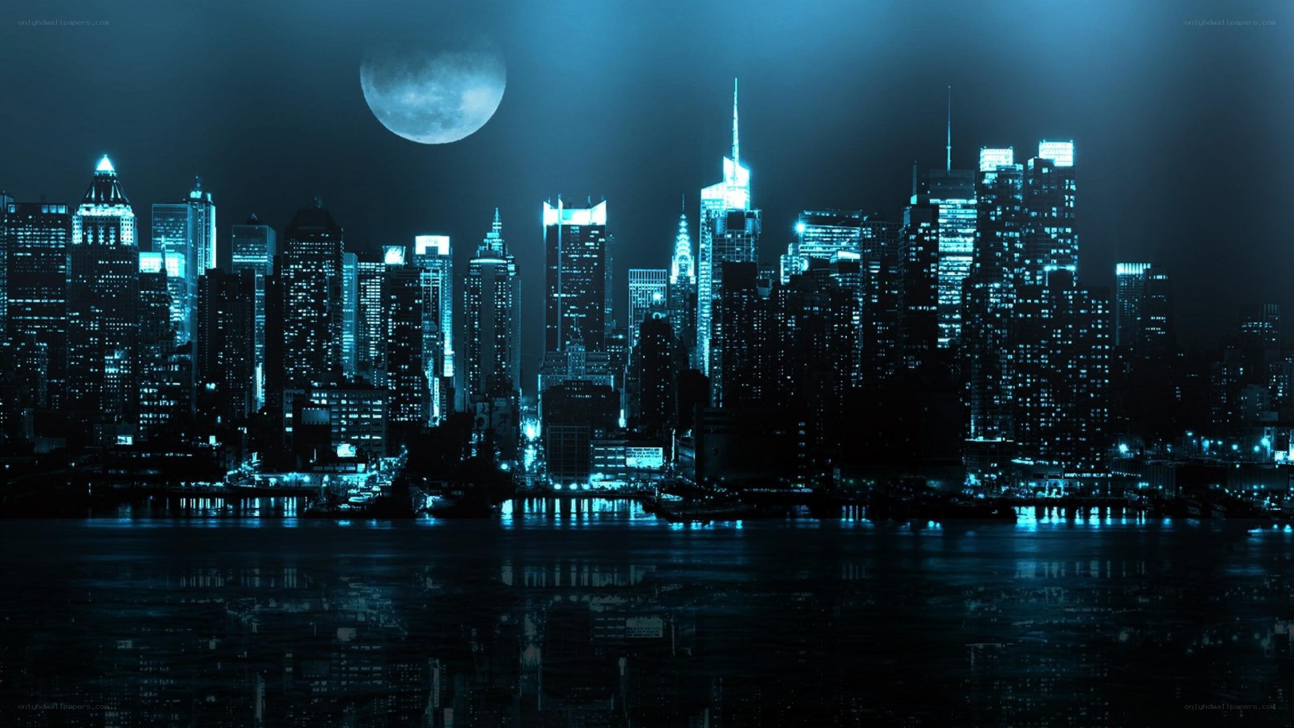 night city skyline with moon