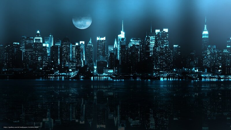 night city skyline with moon