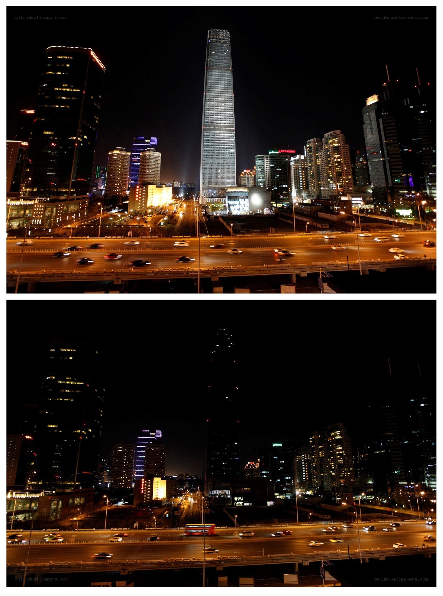 Night city skyline with traffic