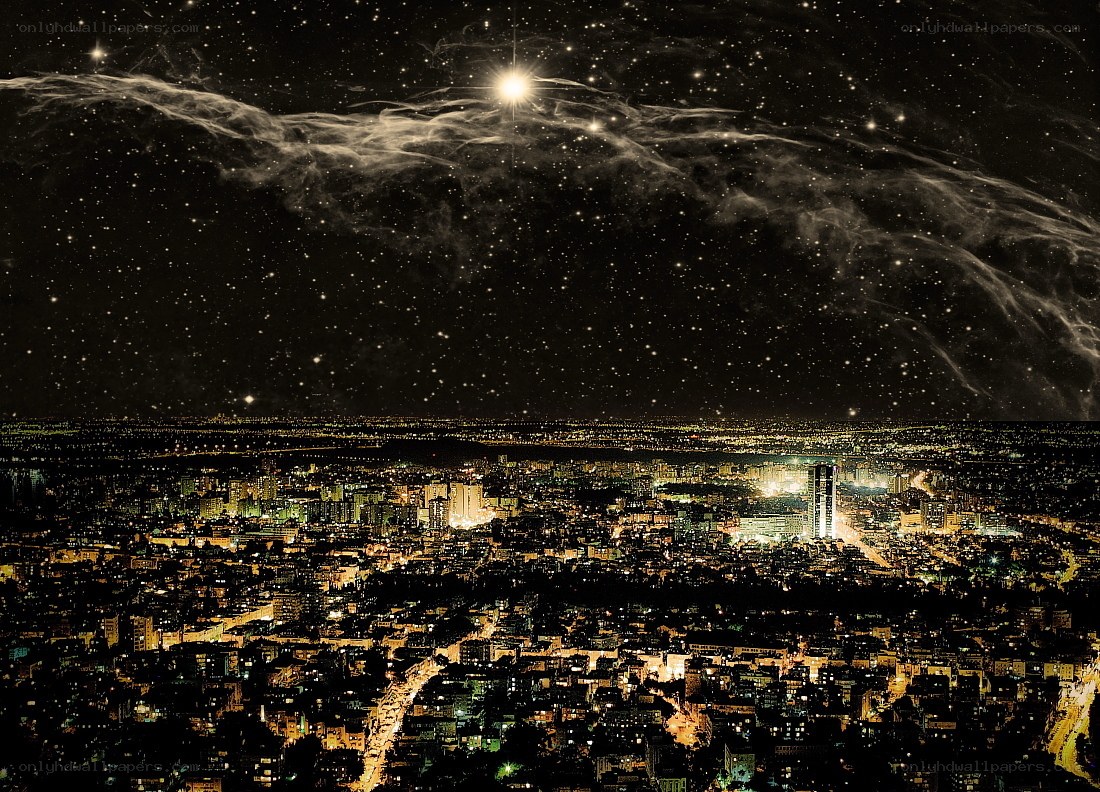 Night city under starry sky