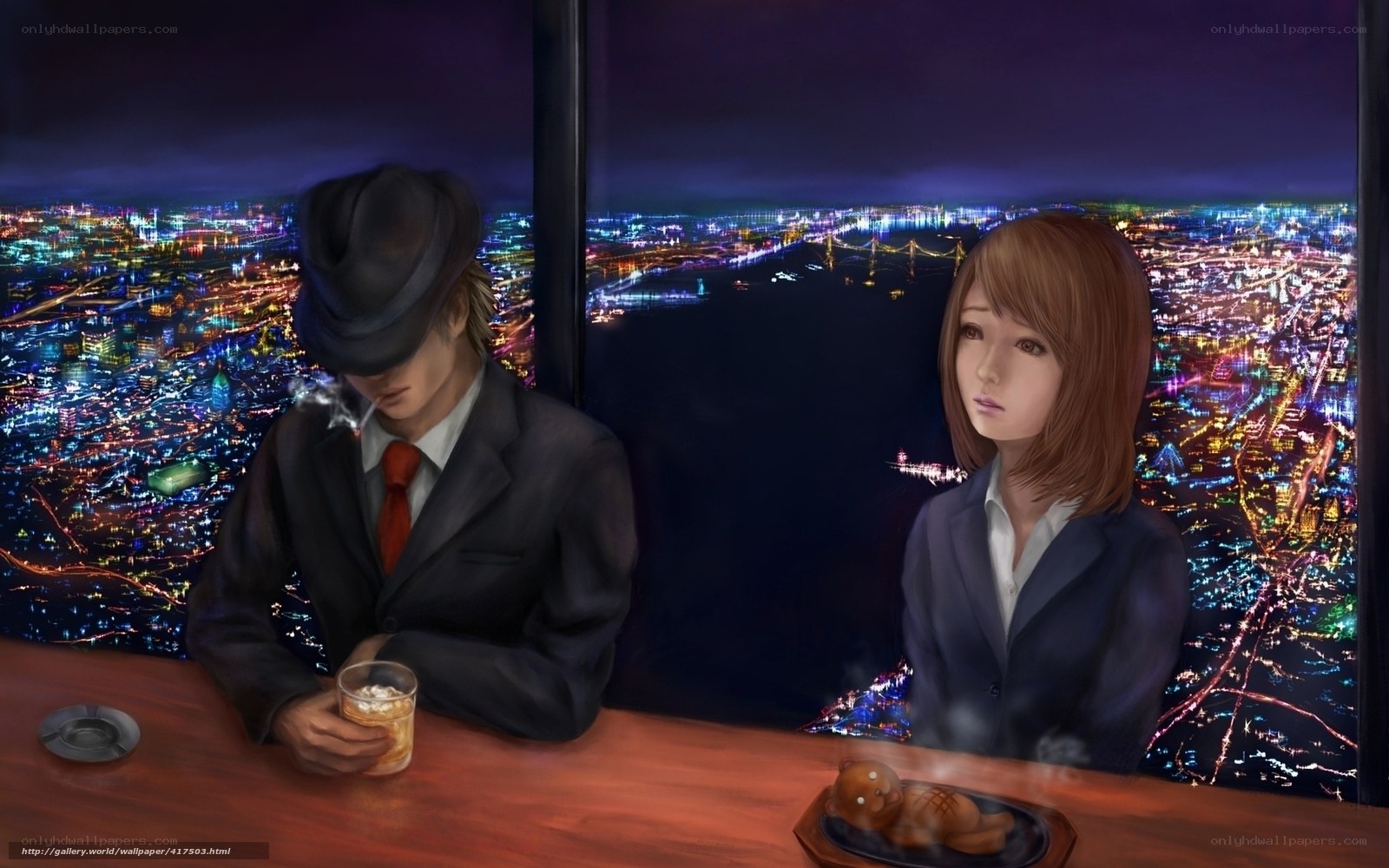 Night city view with two people