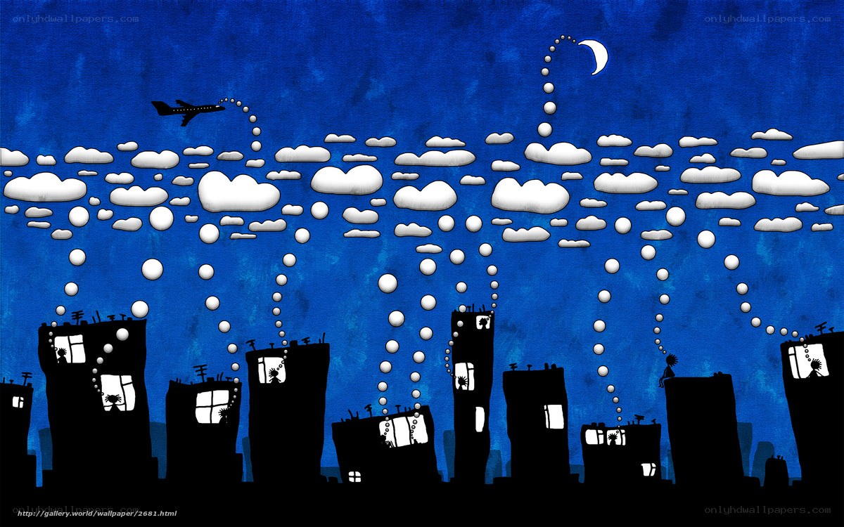 Night city with airplane and moon