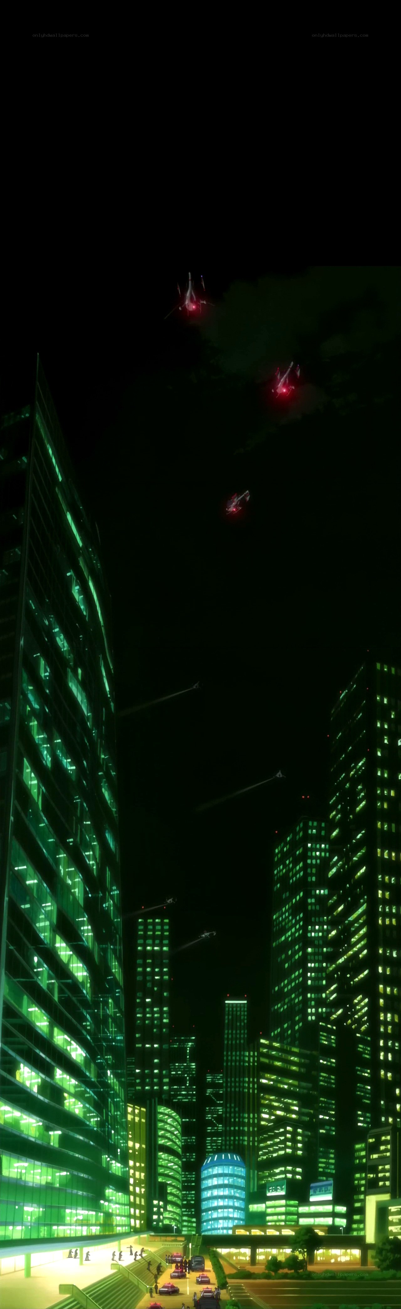 Night city with flying ships