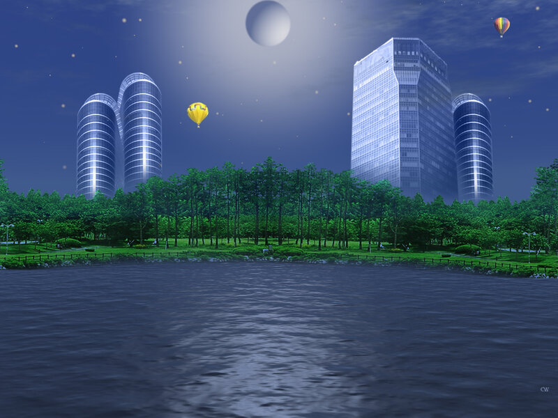 Night city with hot air balloons