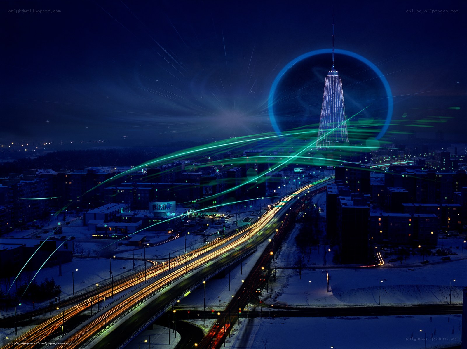 Night city with light trails