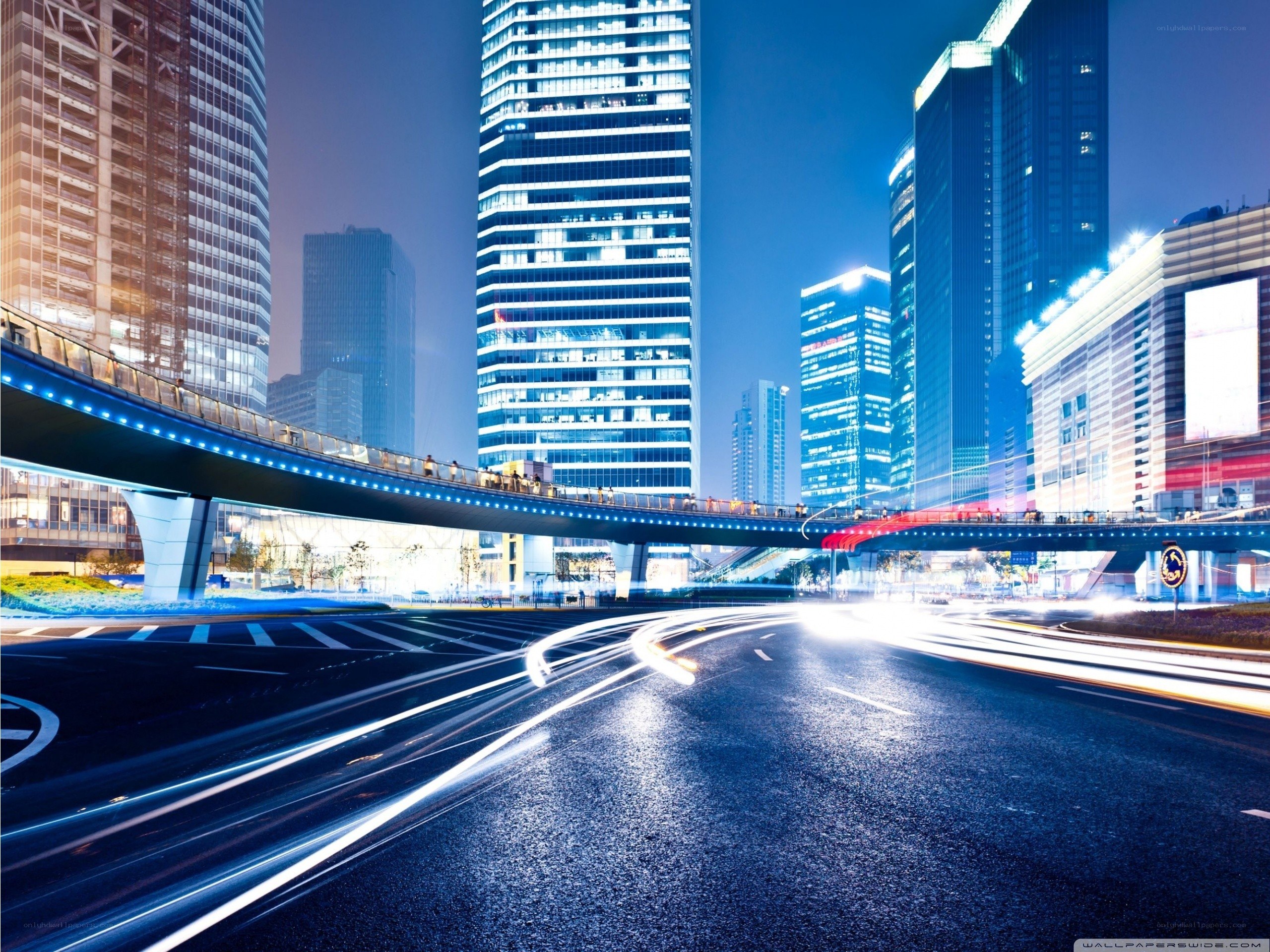 Night city with light trails