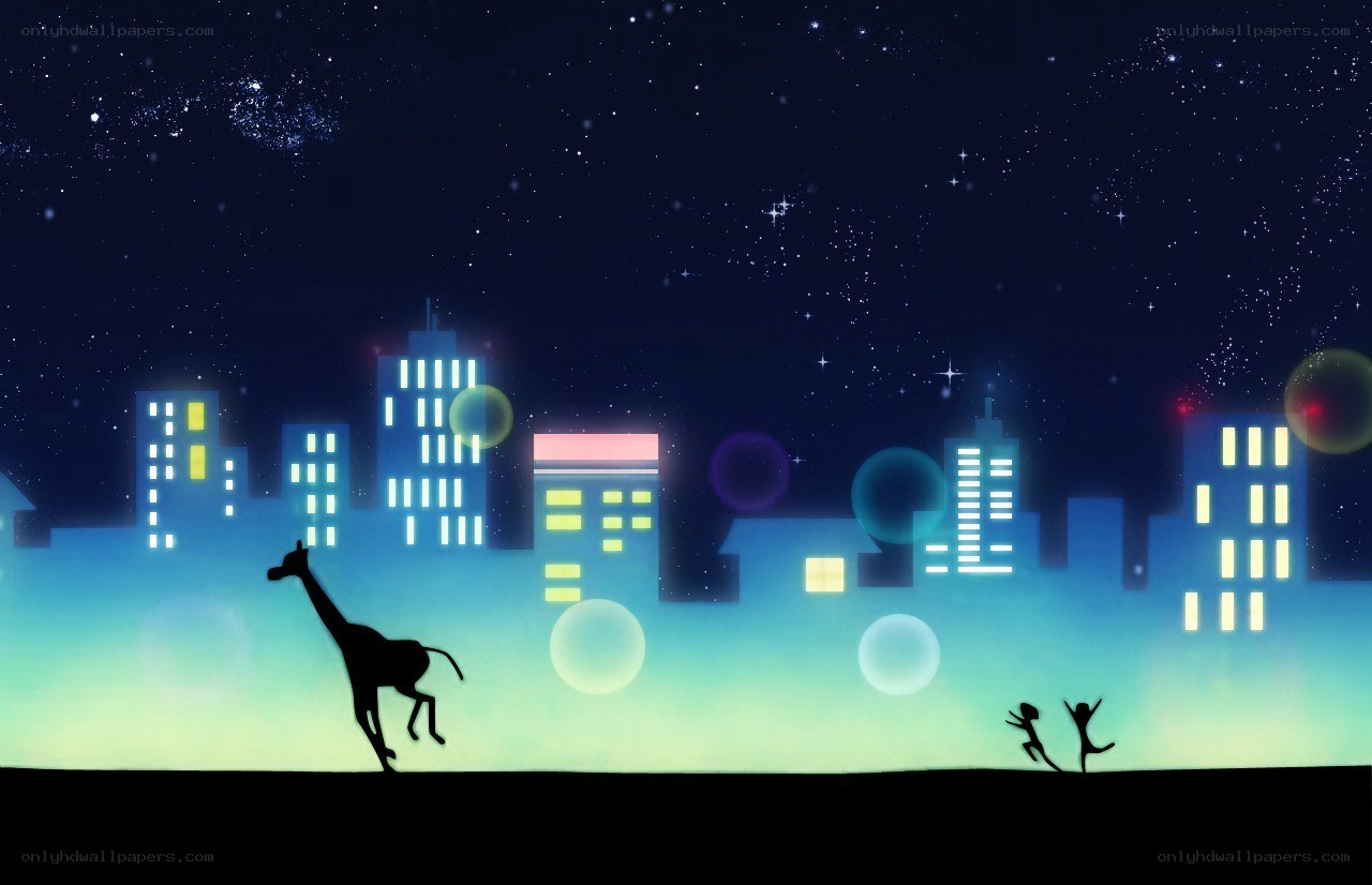 Night city with silhouettes