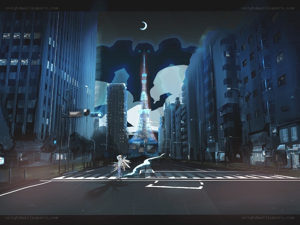 Night city with tower