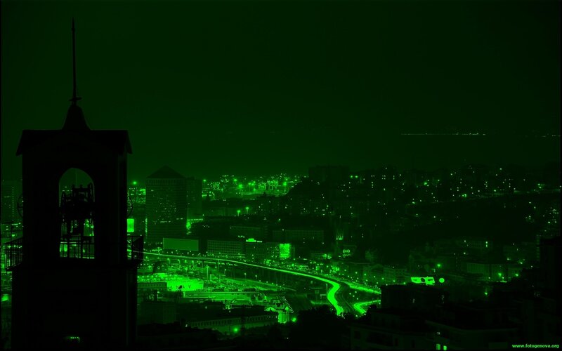 Night cityscape in green light