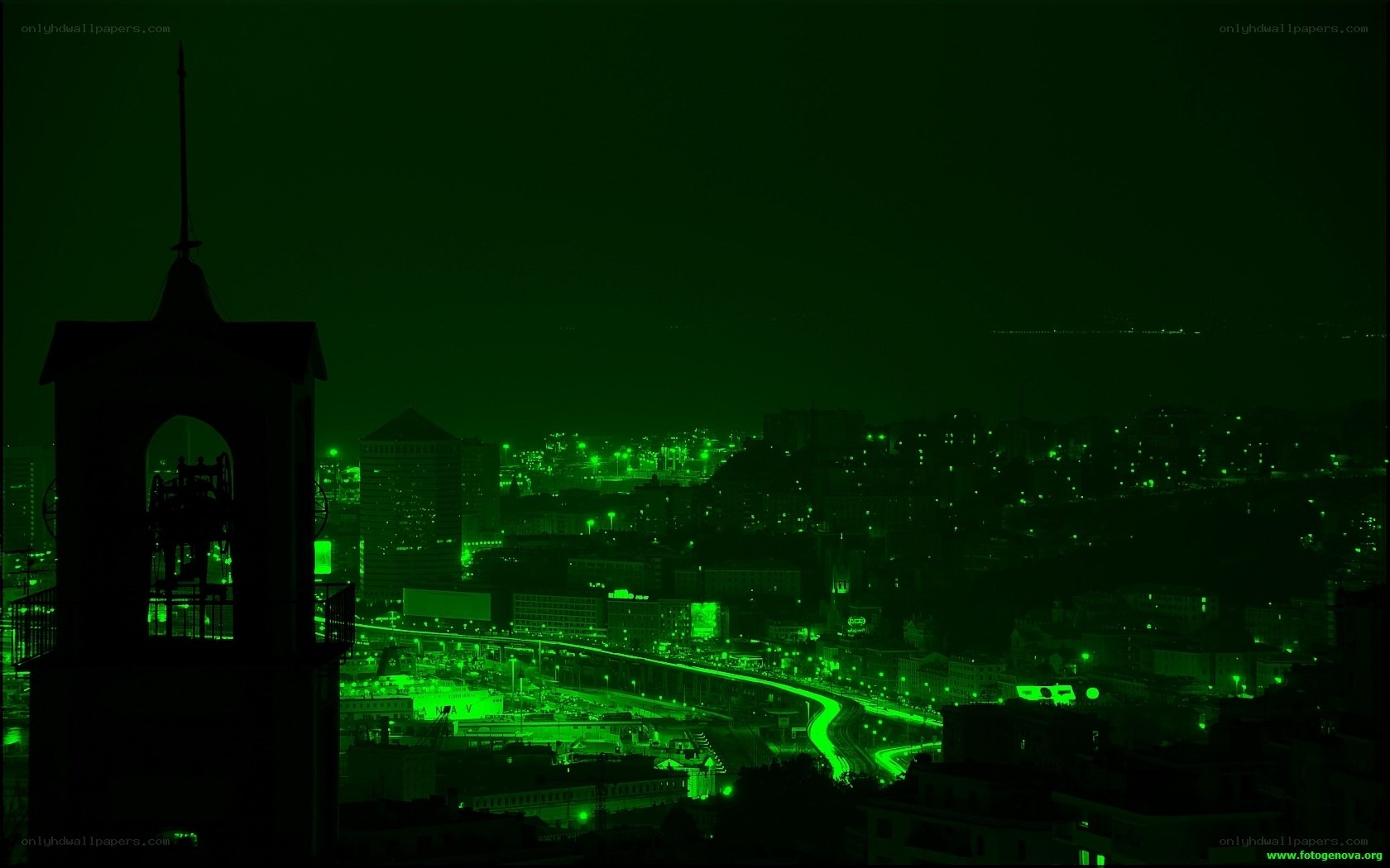 Night cityscape in green light