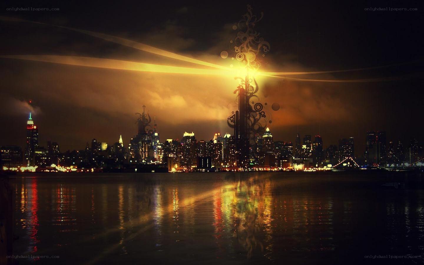 night cityscape with glowing light