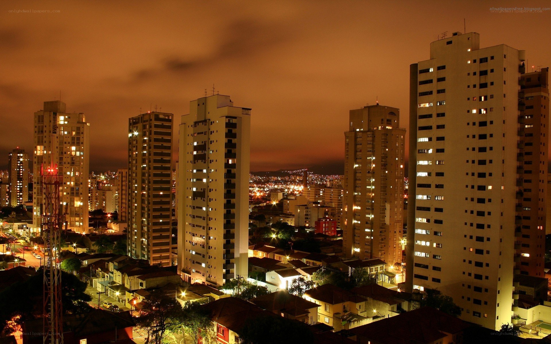 night cityscape with high-rise buildings