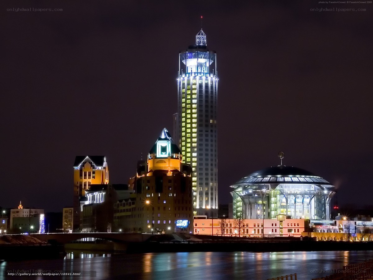 Night cityscape with illuminated buildings