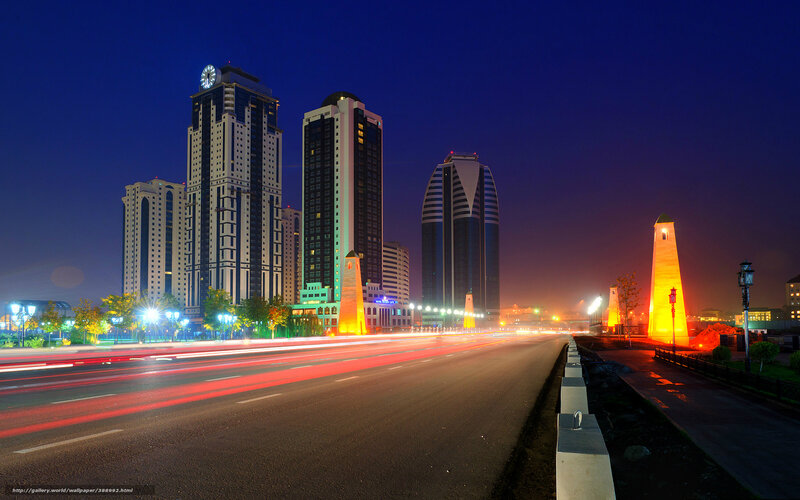 Night cityscape with illuminated towers