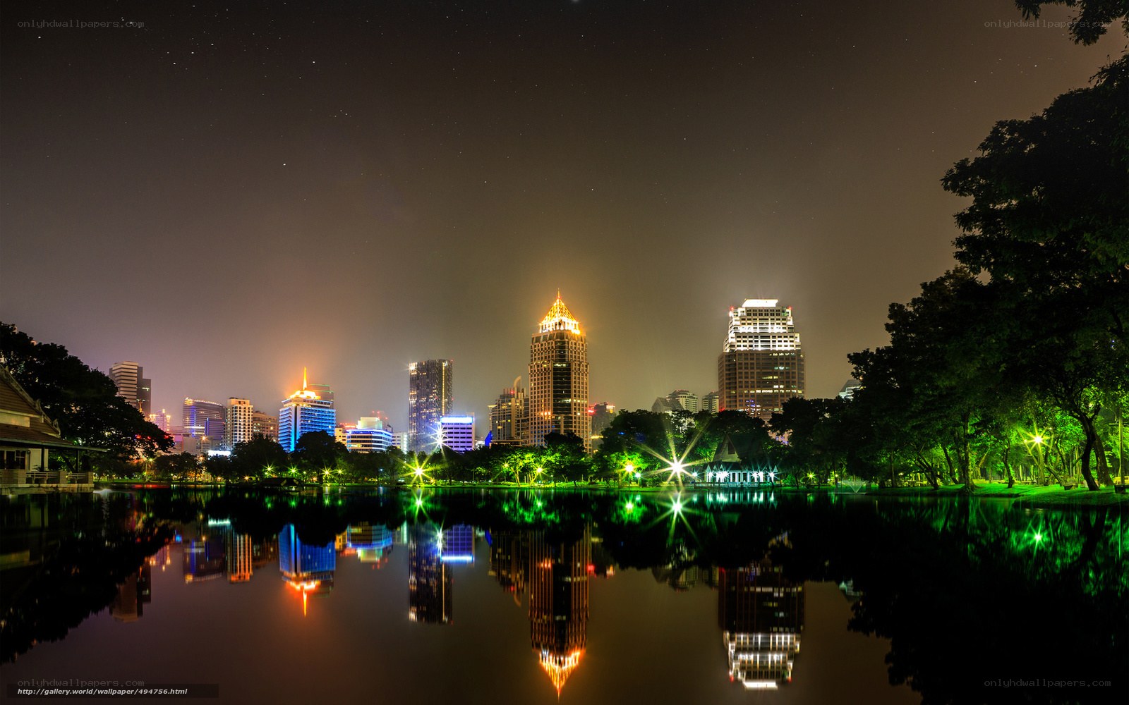 Night cityscape with lake reflection
