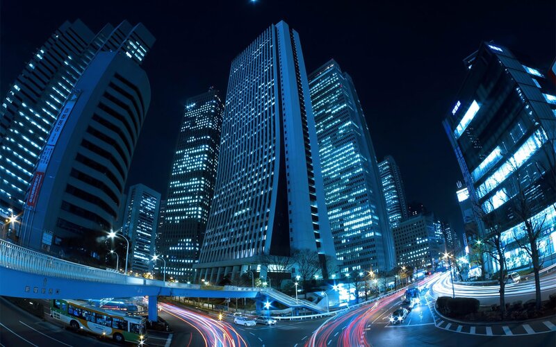 night cityscape with skyscrapers