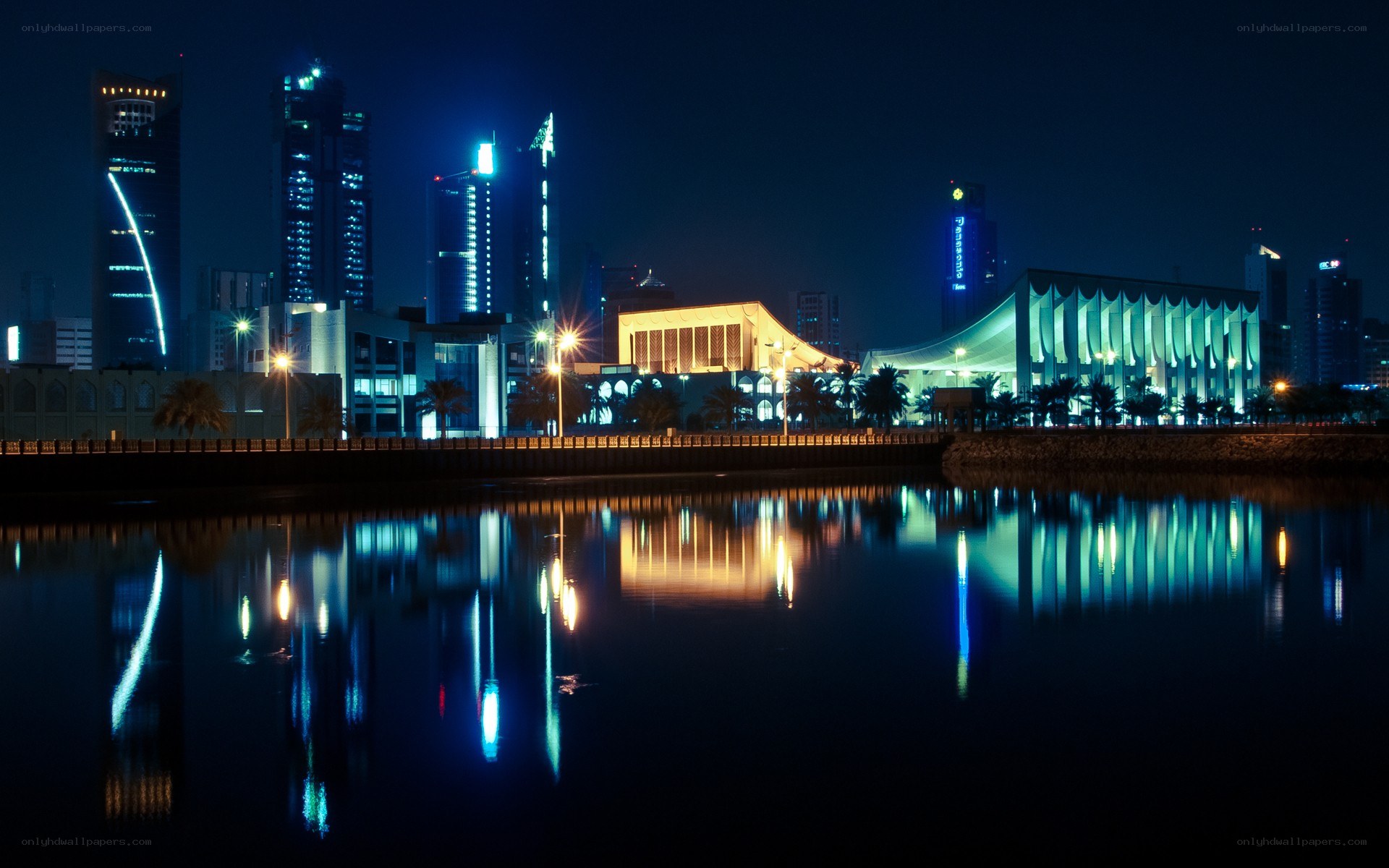 Night cityscape with water reflections
