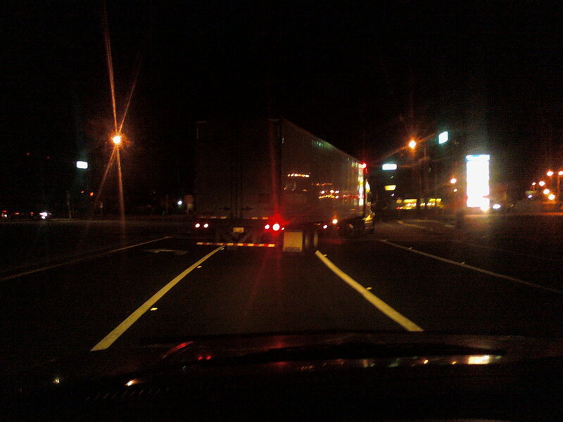 Night drive behind a truck