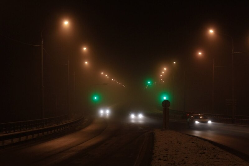 Night drive in foggy conditions
