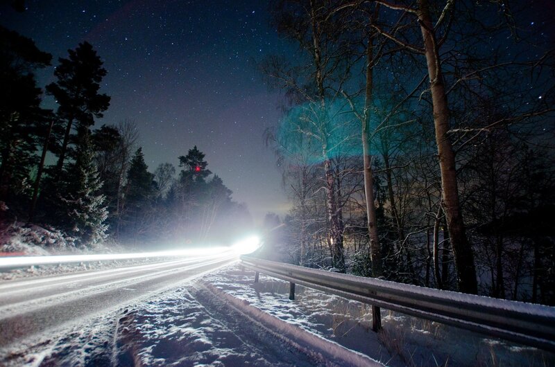 Night drive on a snowy road