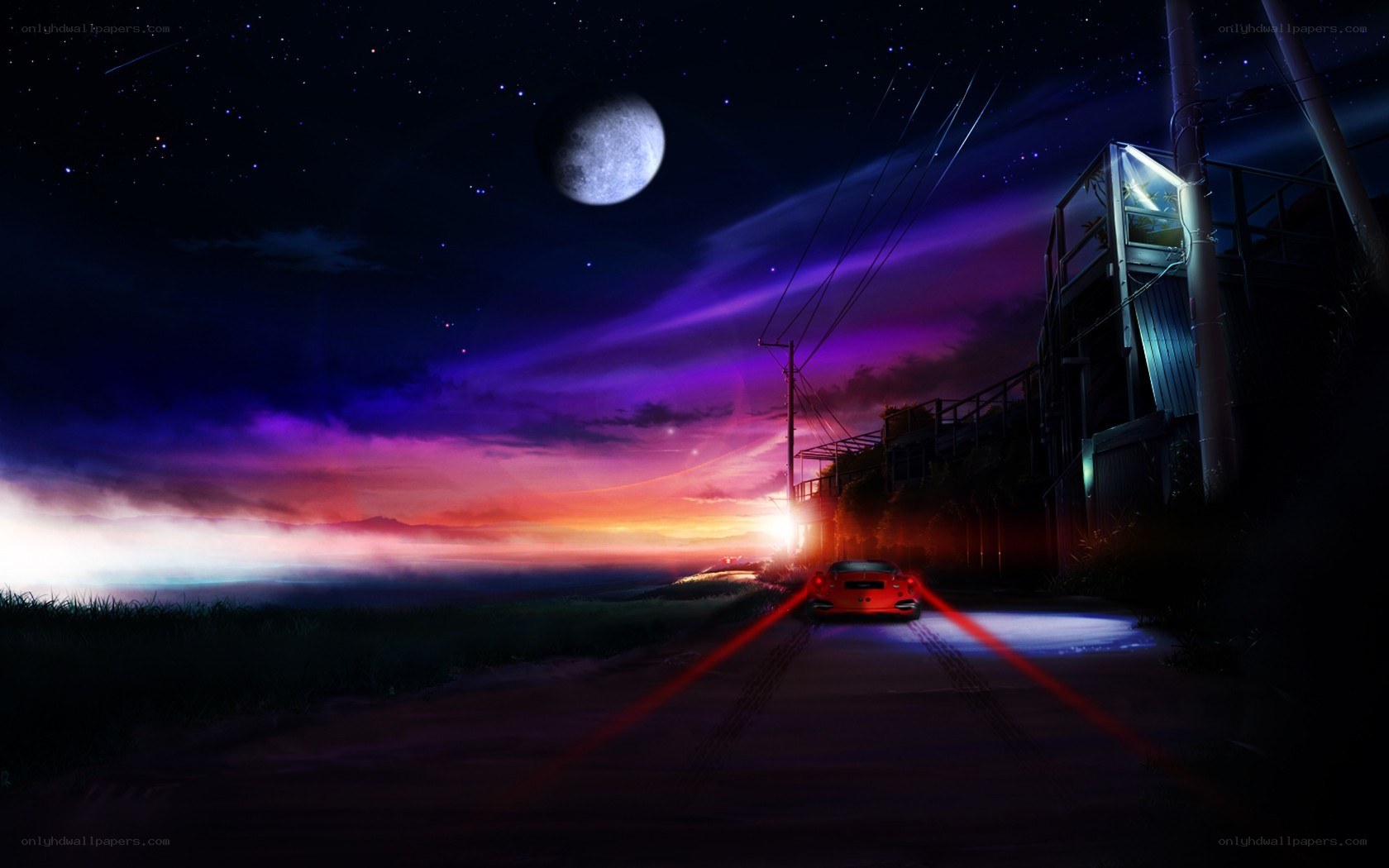 Night drive under a full moon