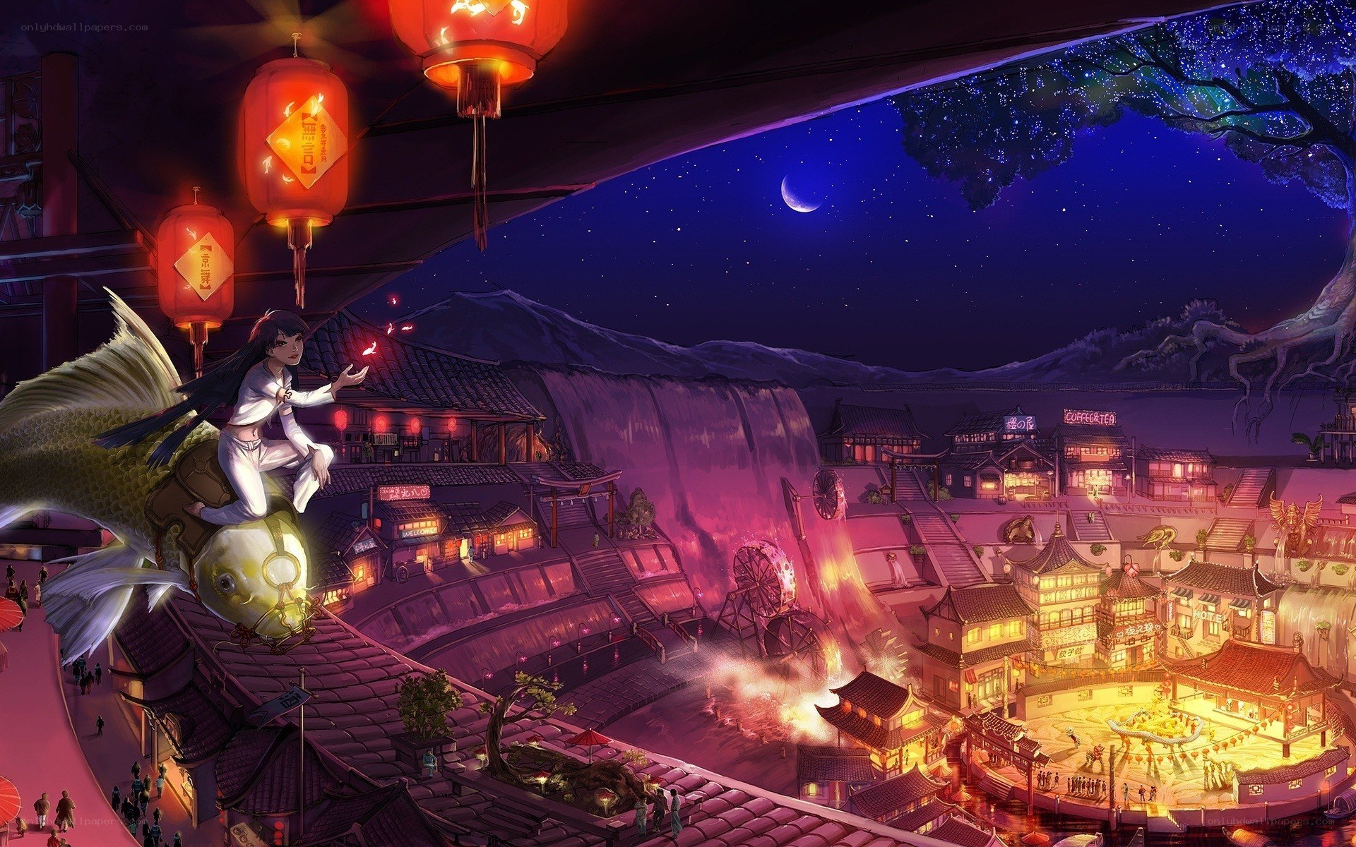Night festival with flying fish